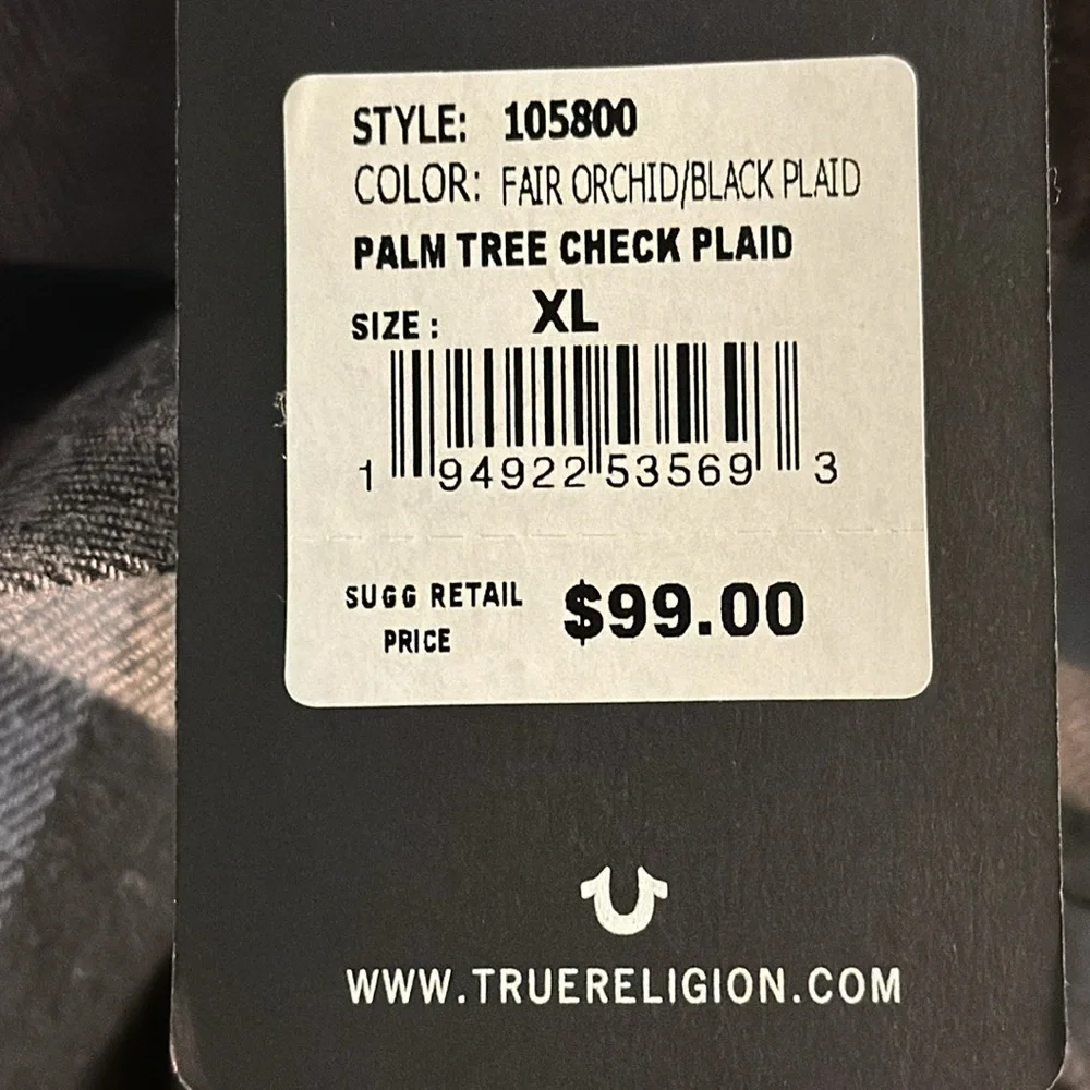 True Religion Palm Tree Check Plaid Long Sleeve Button Down Shirt. NWT. Size- XL